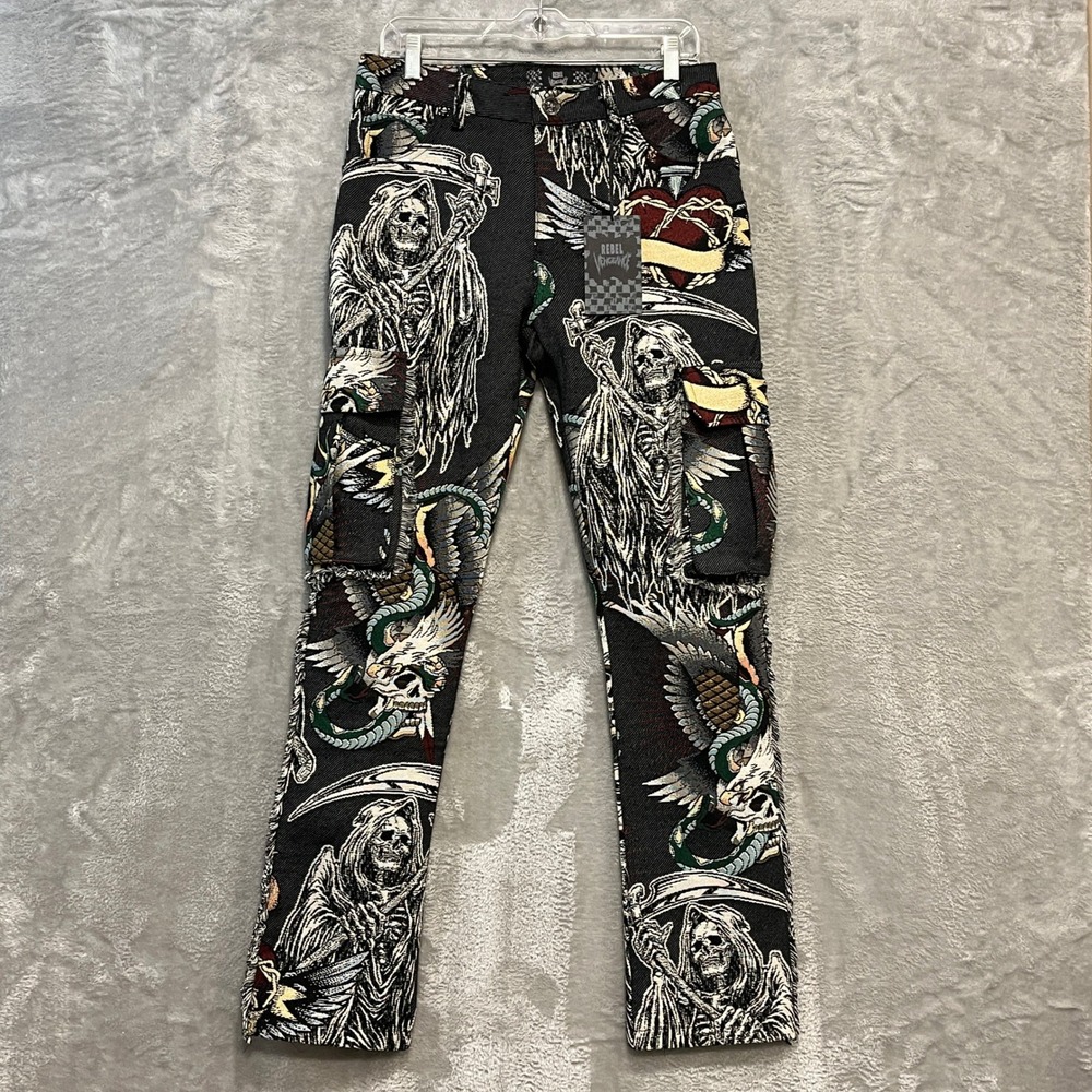 Rebel Vengeance Cargo Pants Mens 28 Black Grim Reaper Tapestry Woven Streetwear